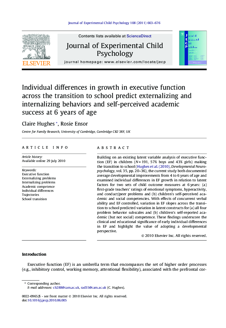 Individual differences in growth in executive function across the transition to school predict externalizing and internalizing behaviors and self-perceived academic success at 6 years of age