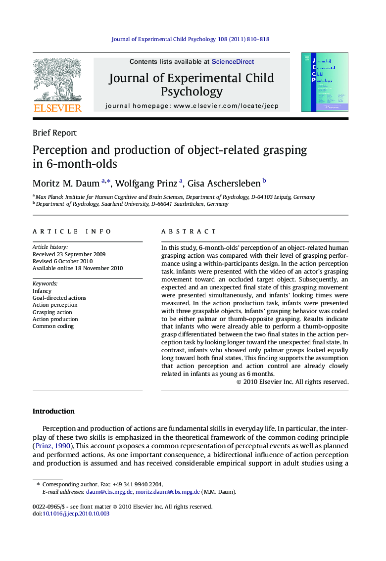 Perception and production of object-related grasping in 6-month-olds