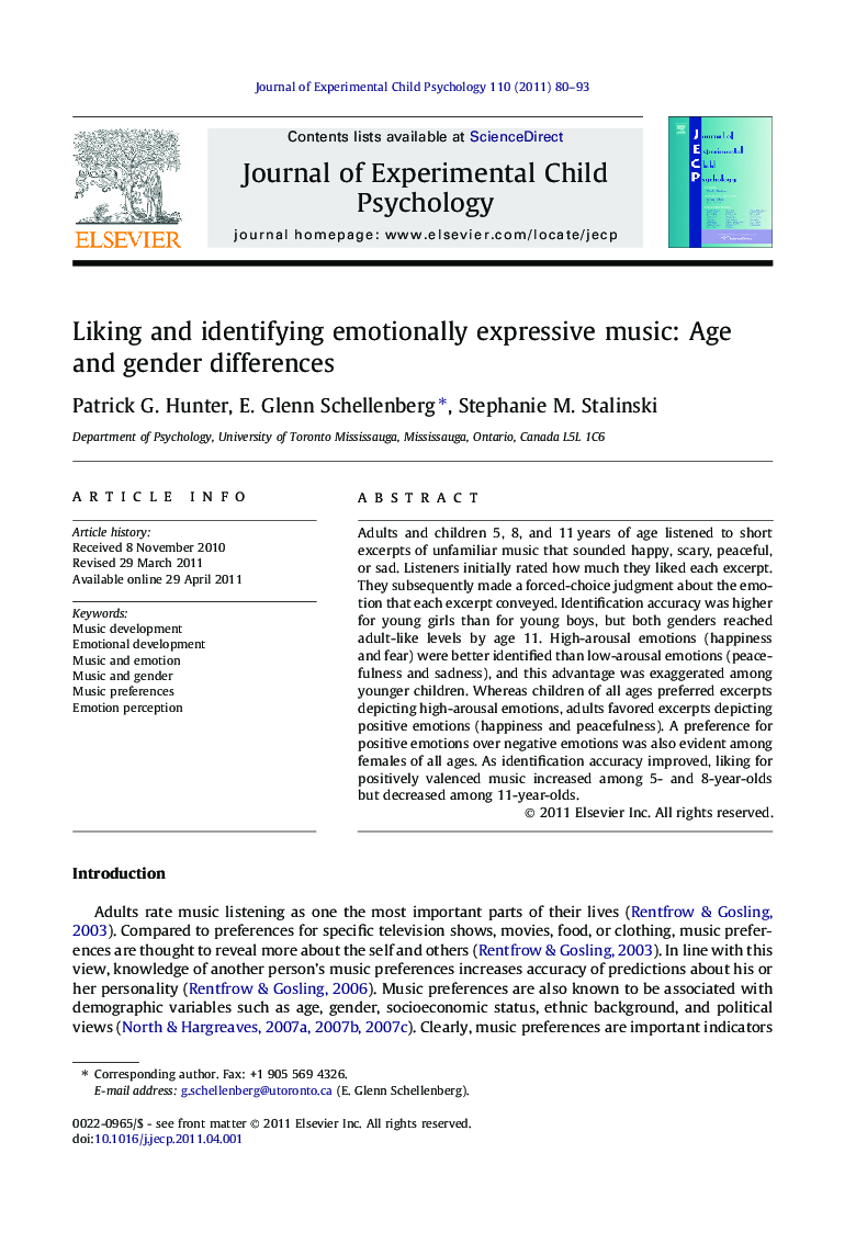 Liking and identifying emotionally expressive music: Age and gender differences