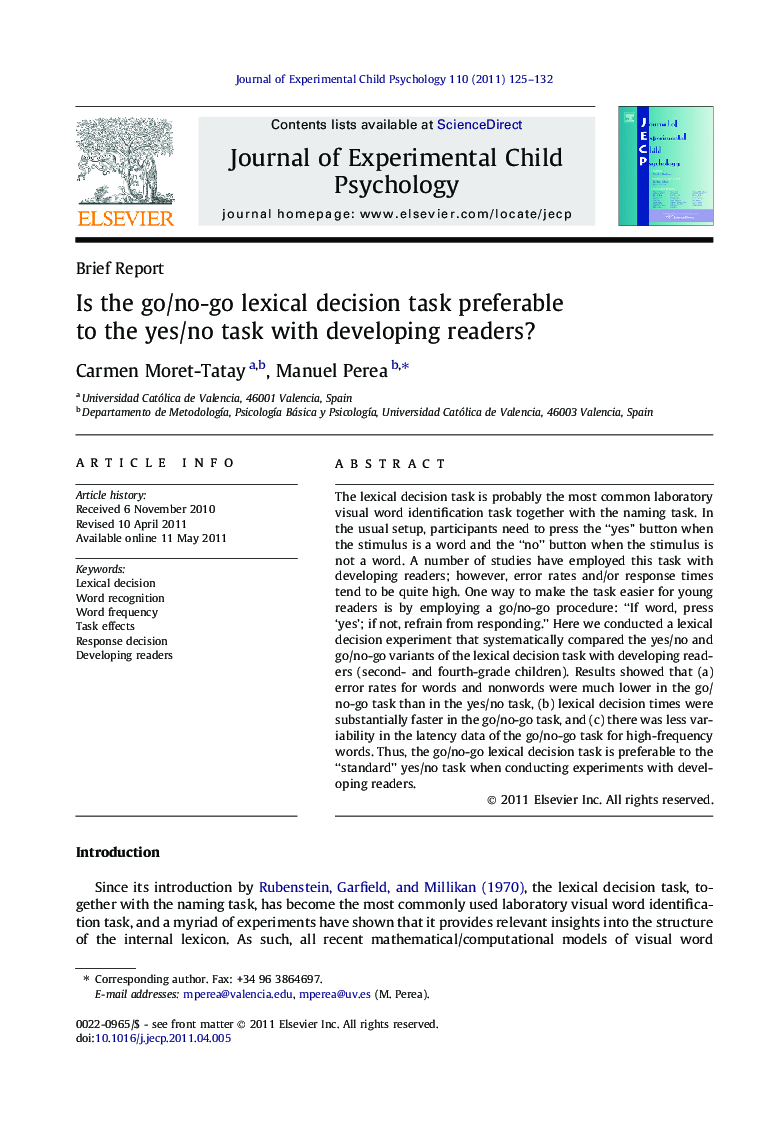 Is the go/no-go lexical decision task preferable to the yes/no task with developing readers?