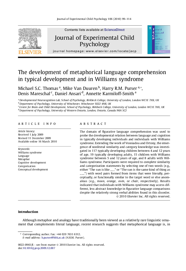 The development of metaphorical language comprehension in typical development and in Williams syndrome