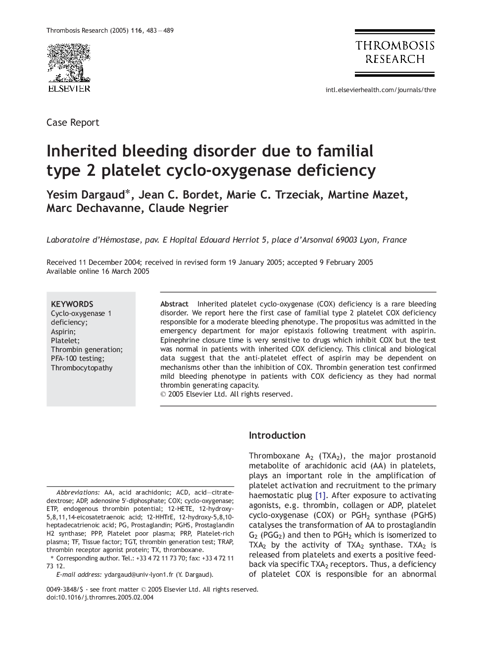 Inherited bleeding disorder due to familial type 2 platelet cyclo-oxygenase deficiency