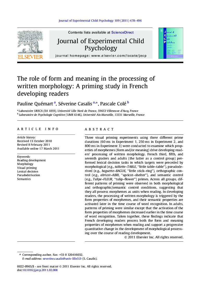 The role of form and meaning in the processing of written morphology: A priming study in French developing readers