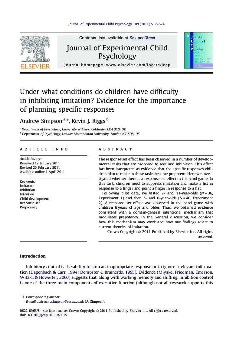 Under what conditions do children have difficulty in inhibiting imitation? Evidence for the importance of planning specific responses