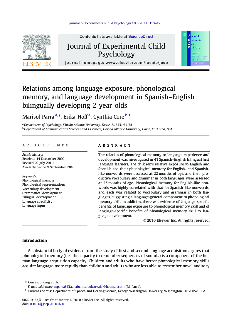 Relations among language exposure, phonological memory, and language development in Spanish–English bilingually developing 2-year-olds