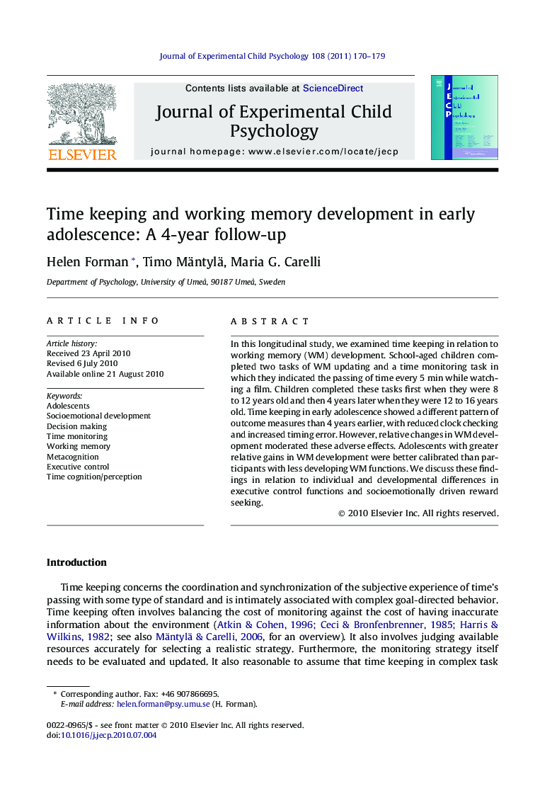 Time keeping and working memory development in early adolescence: A 4-year follow-up