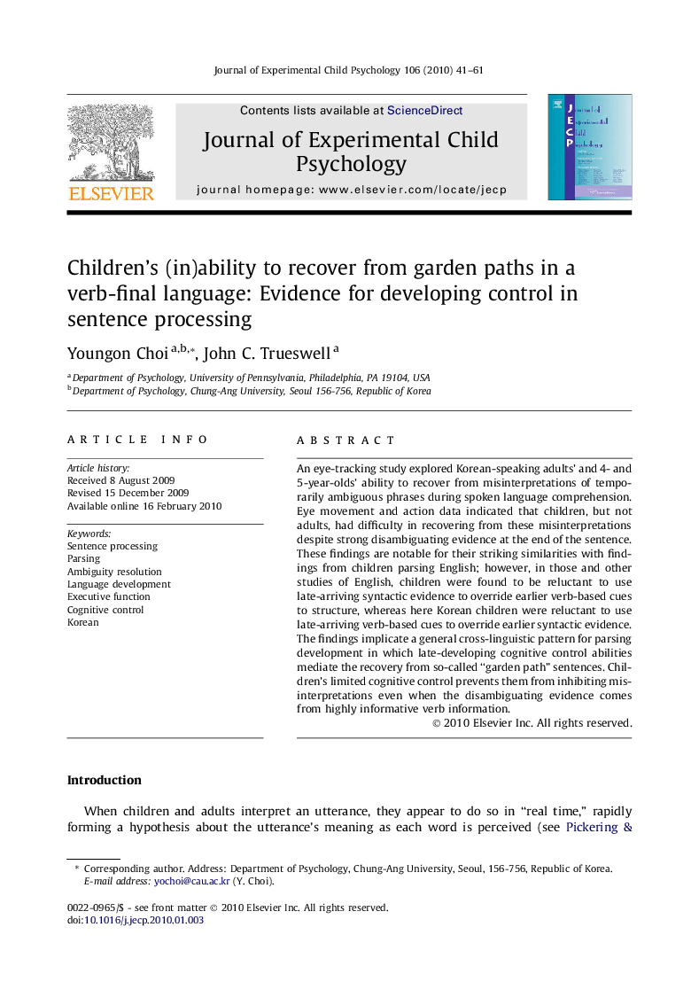 Children’s (in)ability to recover from garden paths in a verb-final language: Evidence for developing control in sentence processing