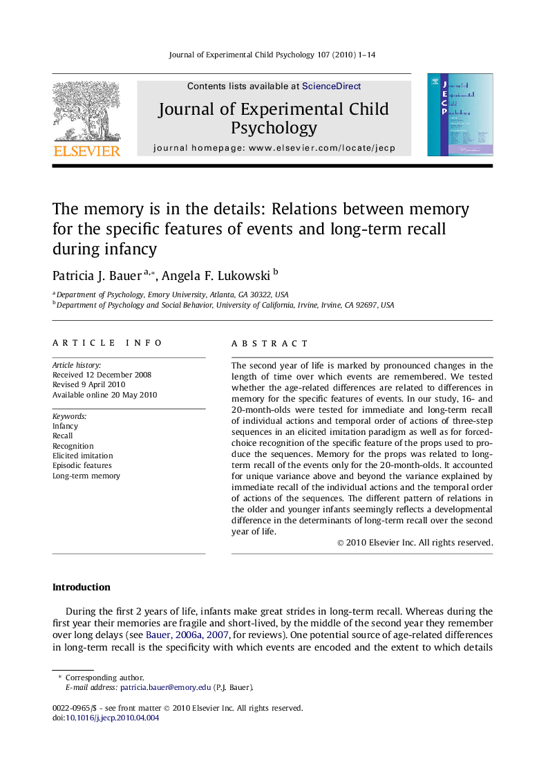 The memory is in the details: Relations between memory for the specific features of events and long-term recall during infancy