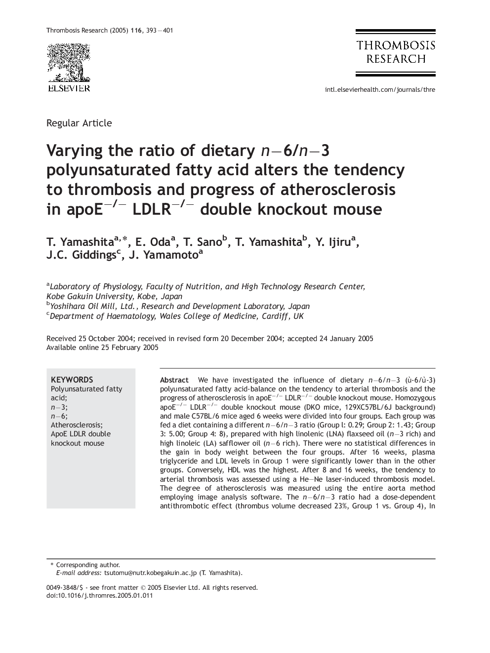 Varying the ratio of dietary nâ6/nâ3 polyunsaturated fatty acid alters the tendency to thrombosis and progress of atherosclerosis in apoEâ/â LDLRâ/â double knockout mouse