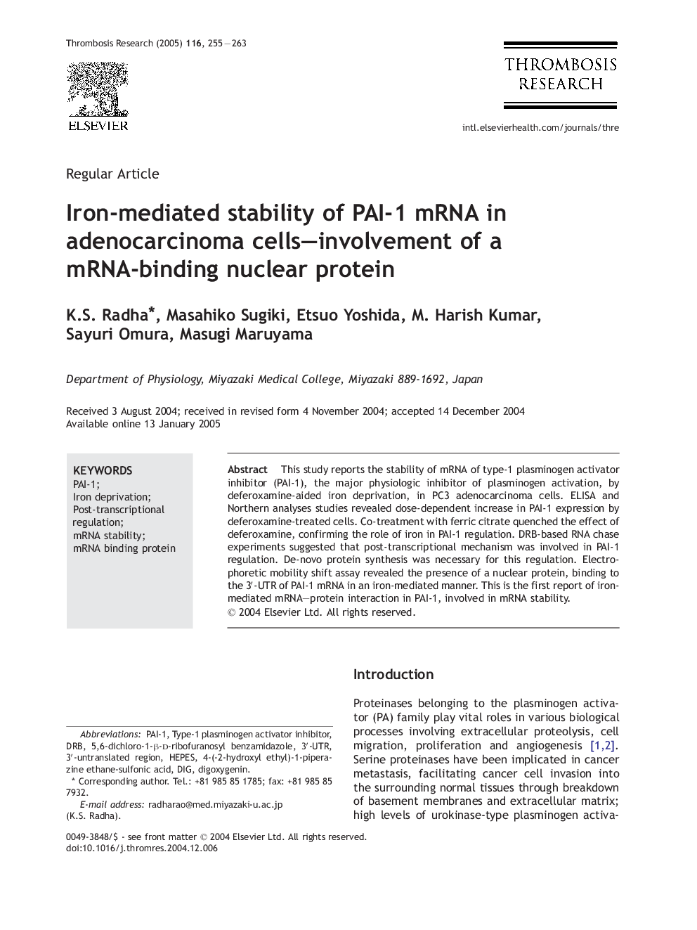 Iron-mediated stability of PAI-1 mRNA in adenocarcinoma cells-involvement of a mRNA-binding nuclear protein