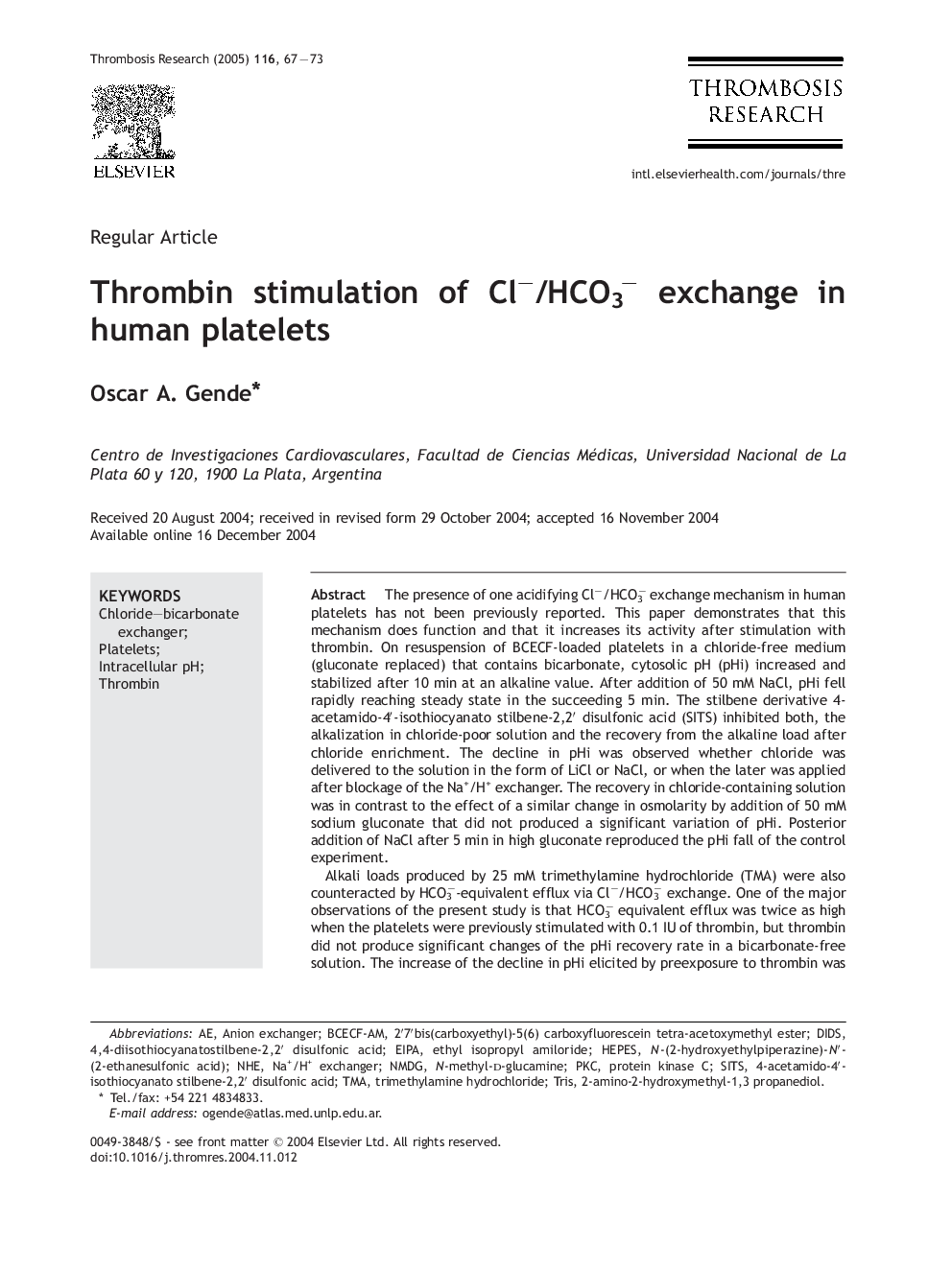 Thrombin stimulation of Clâ/HCO3â exchange in human platelets