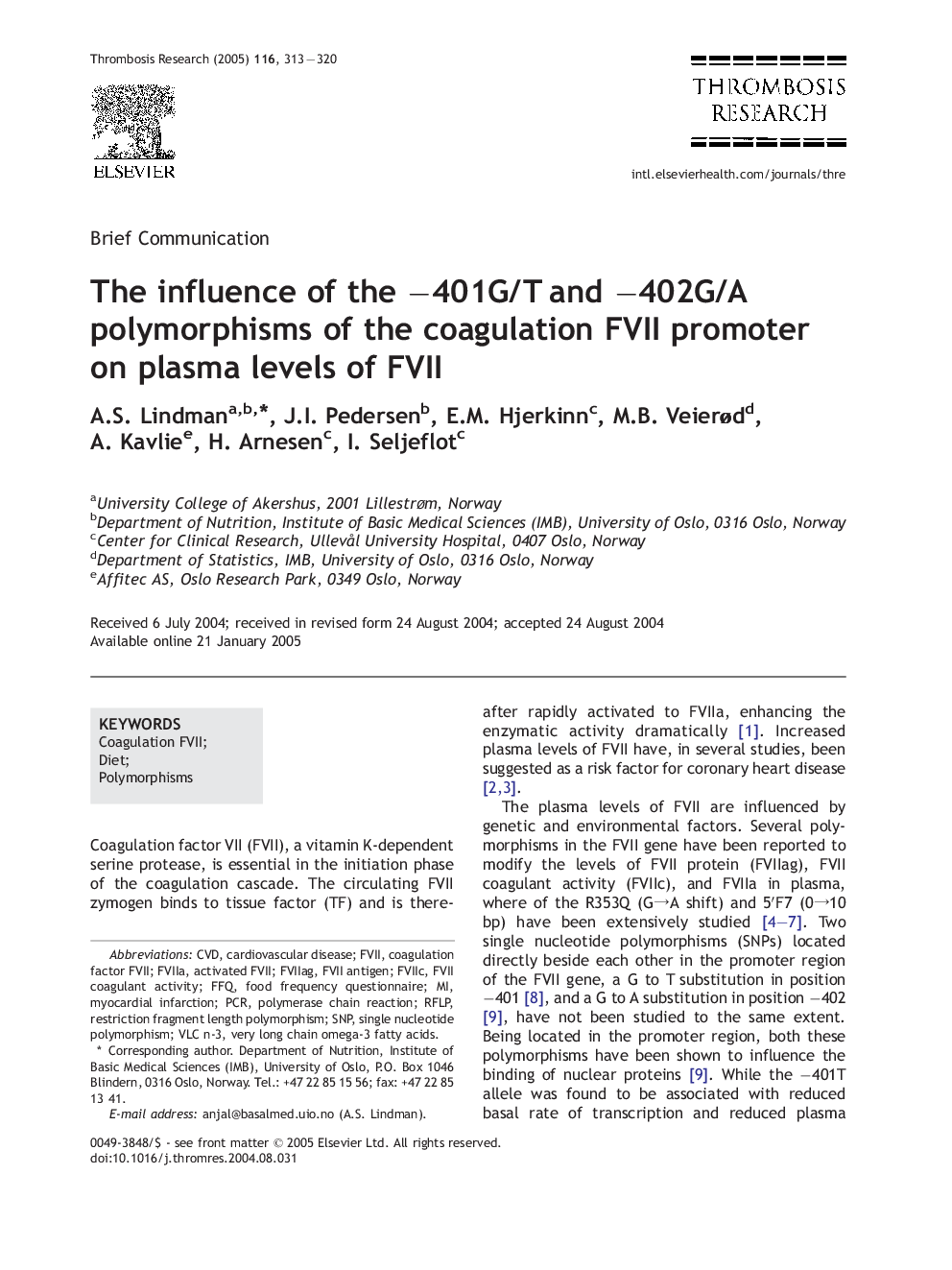 عکس صفحه اول مقاله: The influence of the â401G/T and â402G/A polymorphisms of the coagulation FVII promoter on plasma levels of FVII The influence of the â401G/T and â402G/A polymorphisms of the coagulation FVII promoter on plasma levels of FVII