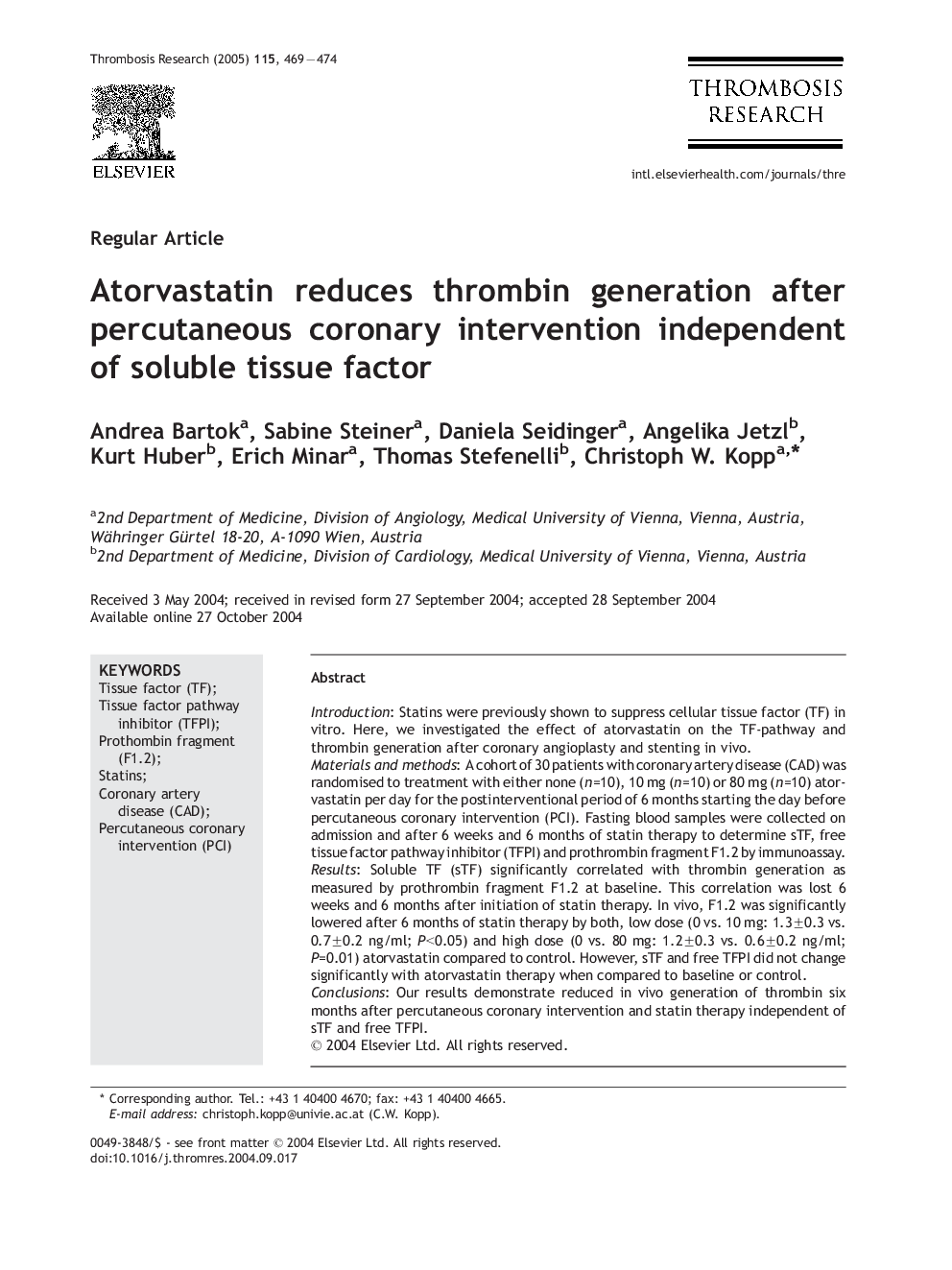 Atorvastatin reduces thrombin generation after percutaneous coronary intervention independent of soluble tissue factor