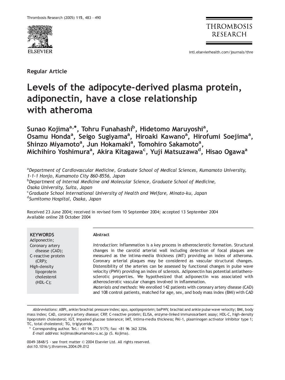 Levels of the adipocyte-derived plasma protein, adiponectin, have a close relationship with atheroma