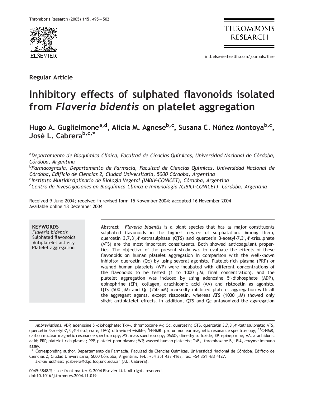 Inhibitory effects of sulphated flavonoids isolated from Flaveria bidentis on platelet aggregation