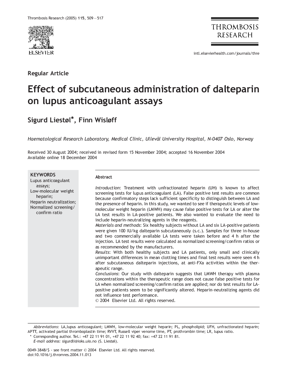 Effect of subcutaneous administration of dalteparin on lupus anticoagulant assays