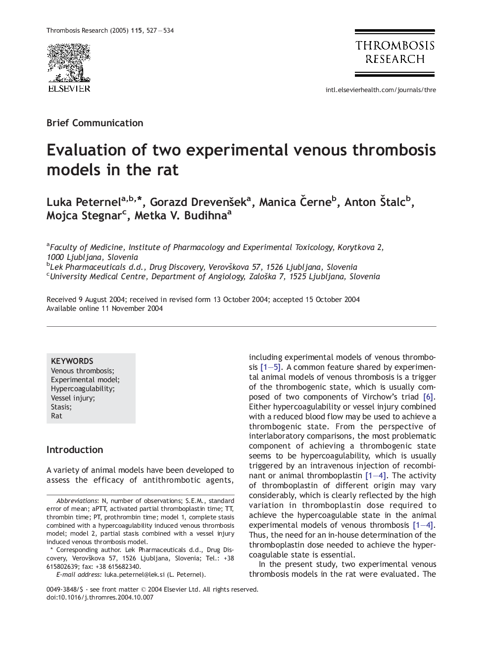 Evaluation of two experimental venous thrombosis models in the rat