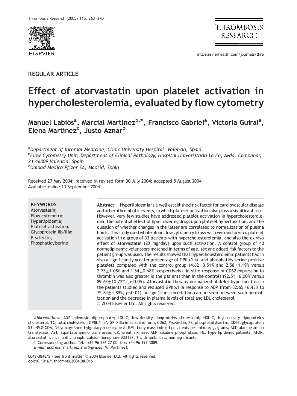 Effect of atorvastatin upon platelet activation in hypercholesterolemia, evaluated by flow cymetry