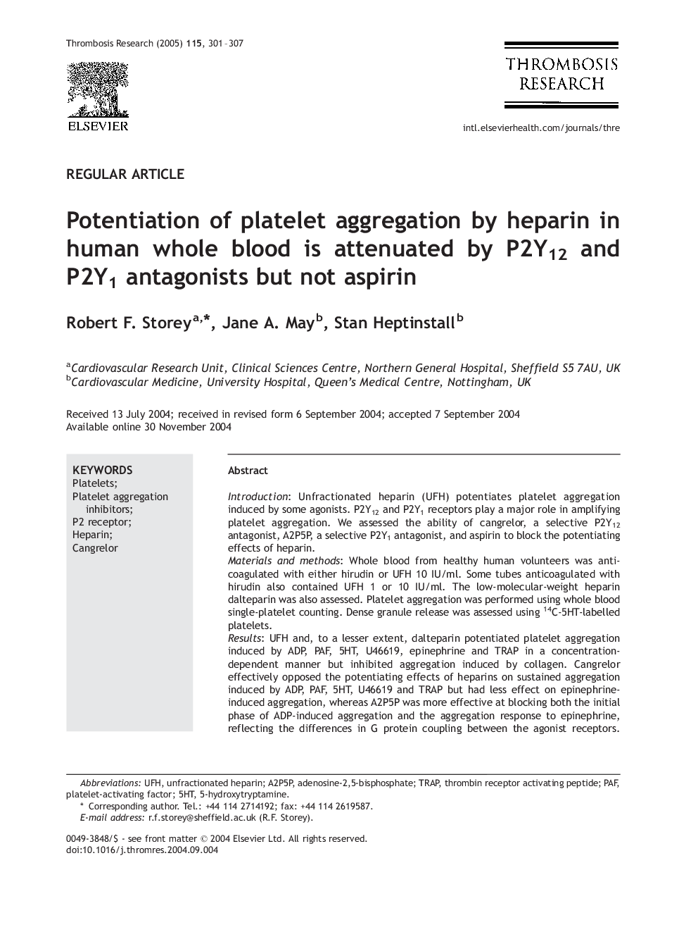 Potentiation of platelet aggregation by heparin in human whole blood is attenuated by P2Y12 and P2Y1 antagonists but not aspirin