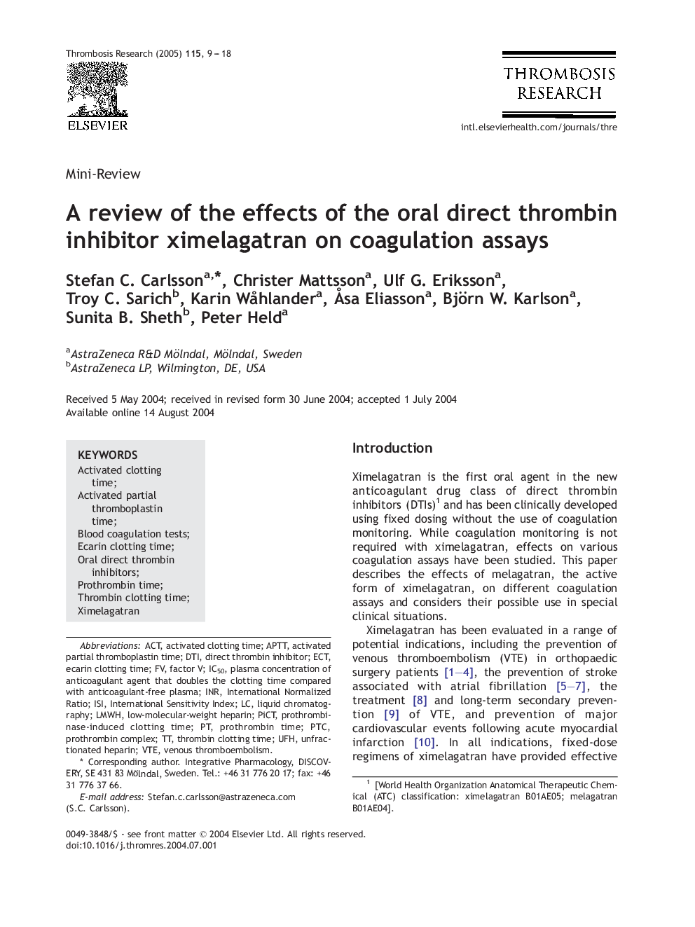 A review of the effects of the oral direct thrombin inhibitor ximelagatran on coagulation assays