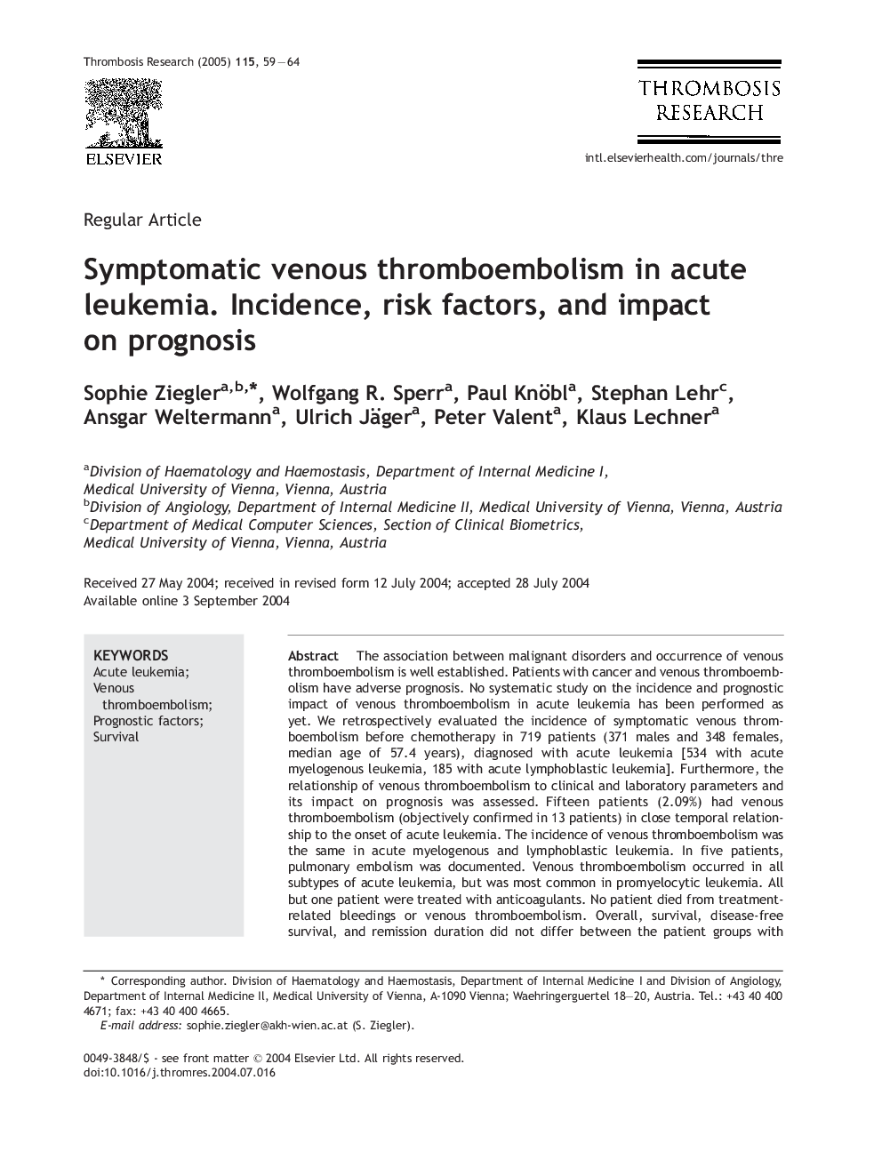 Symptomatic venous thromboembolism in acute leukemia. Incidence, risk factors, and impact on prognosis