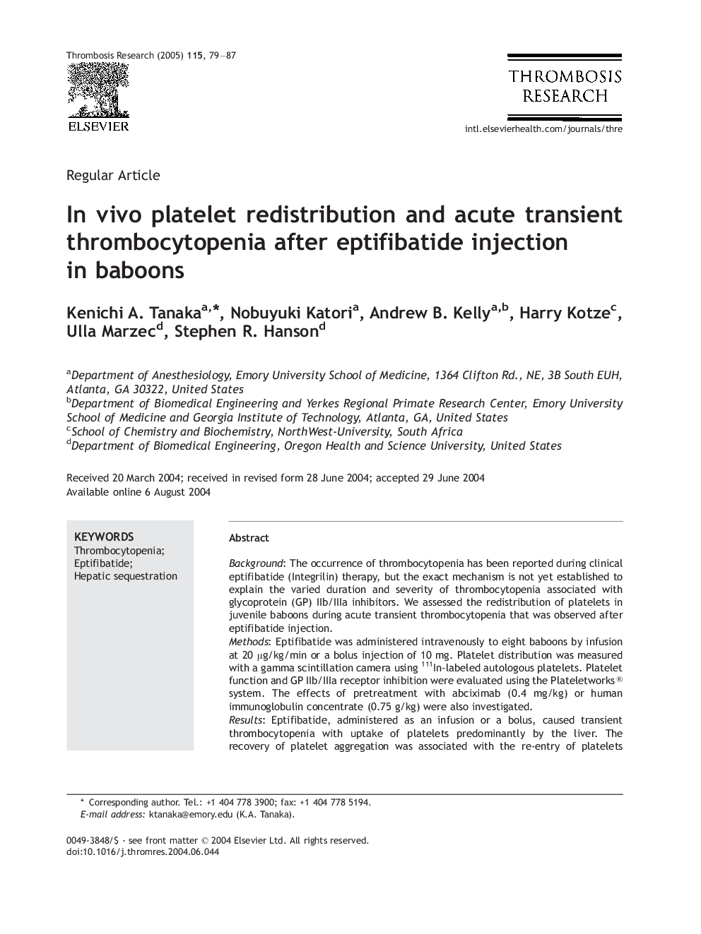 In vivo platelet redistribution and acute transient thrombocytopenia after eptifibatide injection in baboons