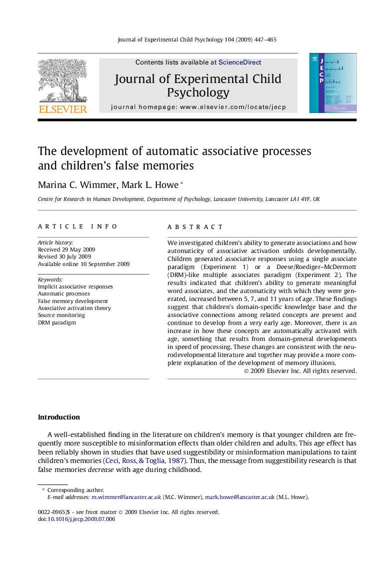 The development of automatic associative processes and children’s false memories