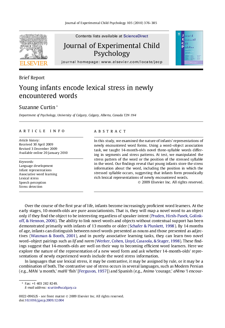 Young infants encode lexical stress in newly encountered words