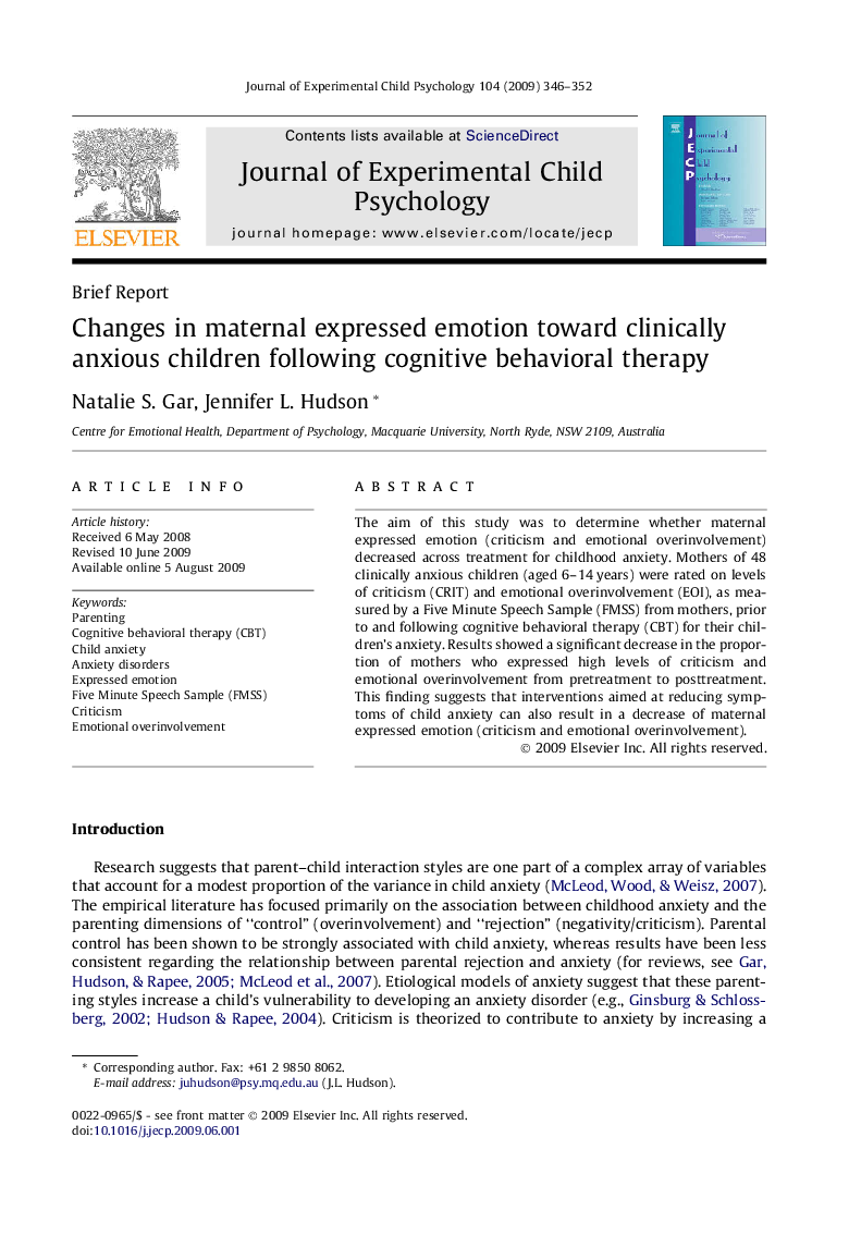 Changes in maternal expressed emotion toward clinically anxious children following cognitive behavioral therapy