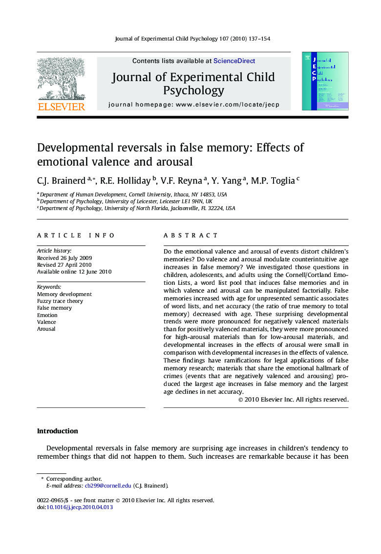 Developmental reversals in false memory: Effects of emotional valence and arousal