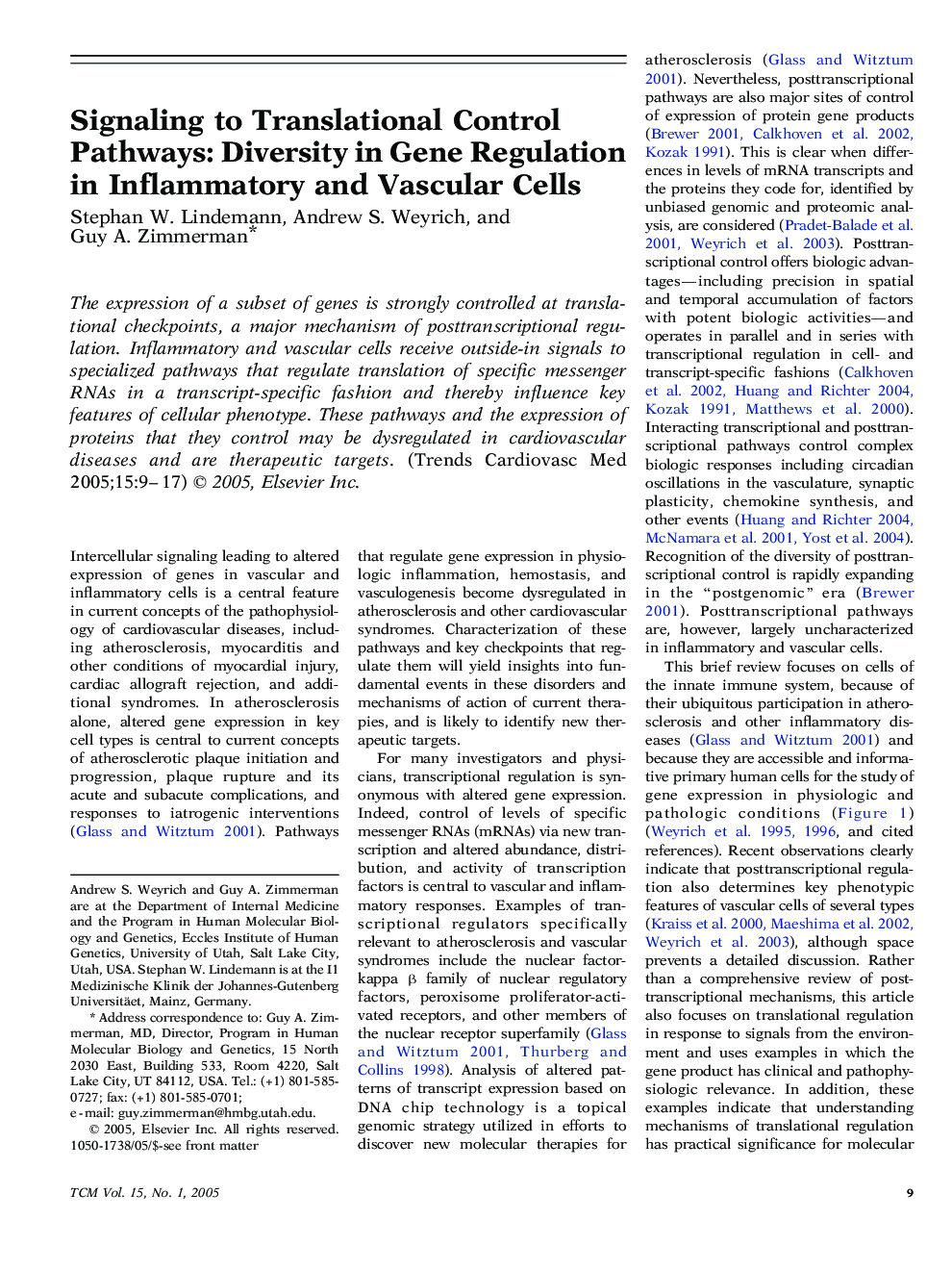 Signaling to Translational Control Pathways: Diversity in Gene Regulation in Inflammatory and Vascular Cells