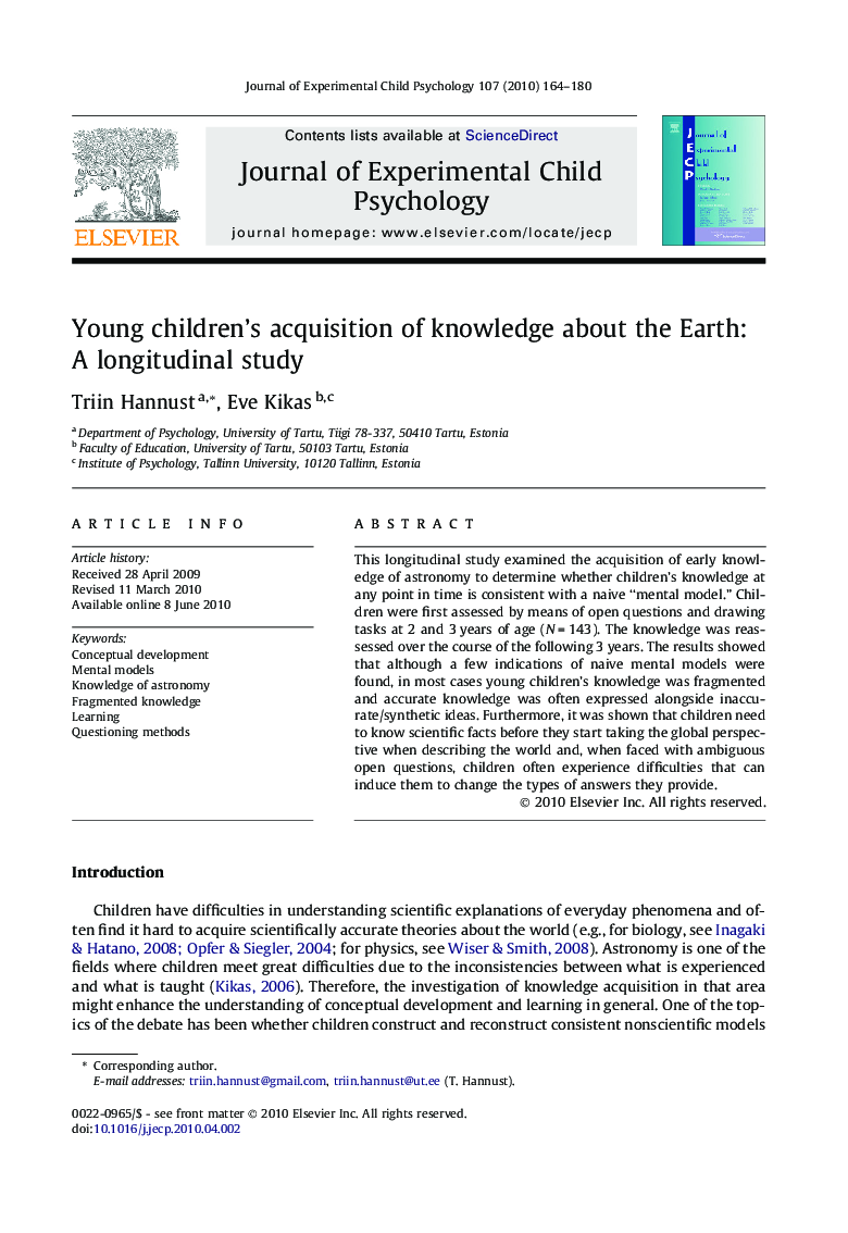 Young children’s acquisition of knowledge about the Earth: A longitudinal study