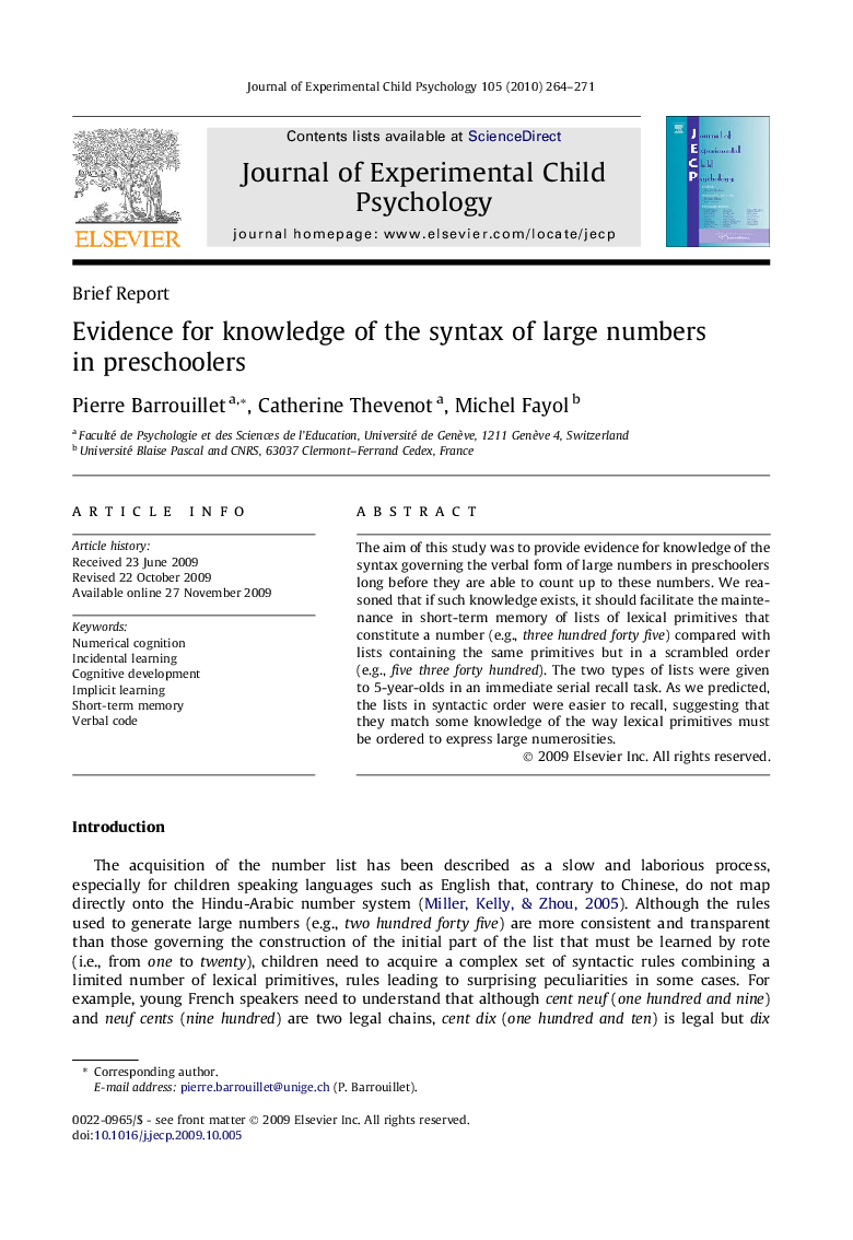 Evidence for knowledge of the syntax of large numbers in preschoolers