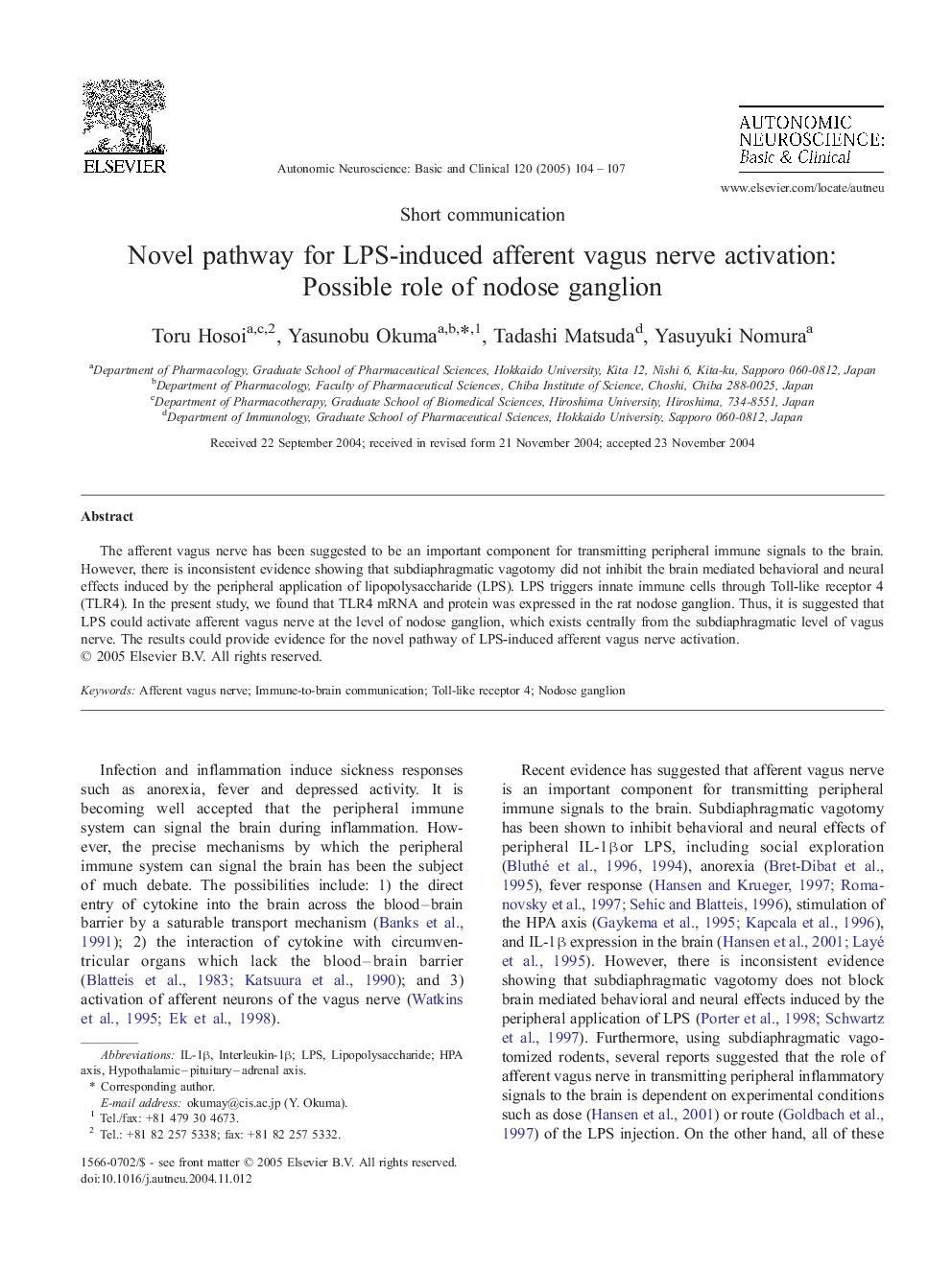 Novel pathway for LPS-induced afferent vagus nerve activation: Possible role of nodose ganglion