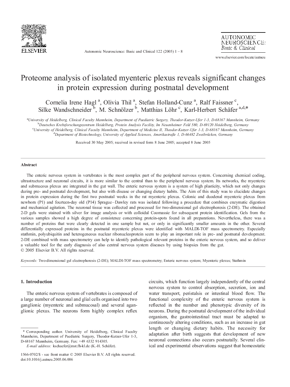 Proteome analysis of isolated myenteric plexus reveals significant changes in protein expression during postnatal development