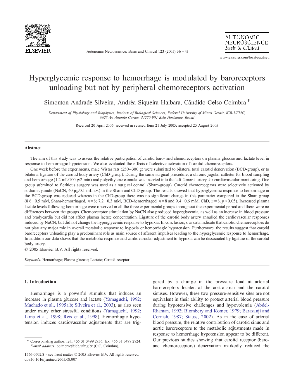 Hyperglycemic response to hemorrhage is modulated by baroreceptors unloading but not by peripheral chemoreceptors activation