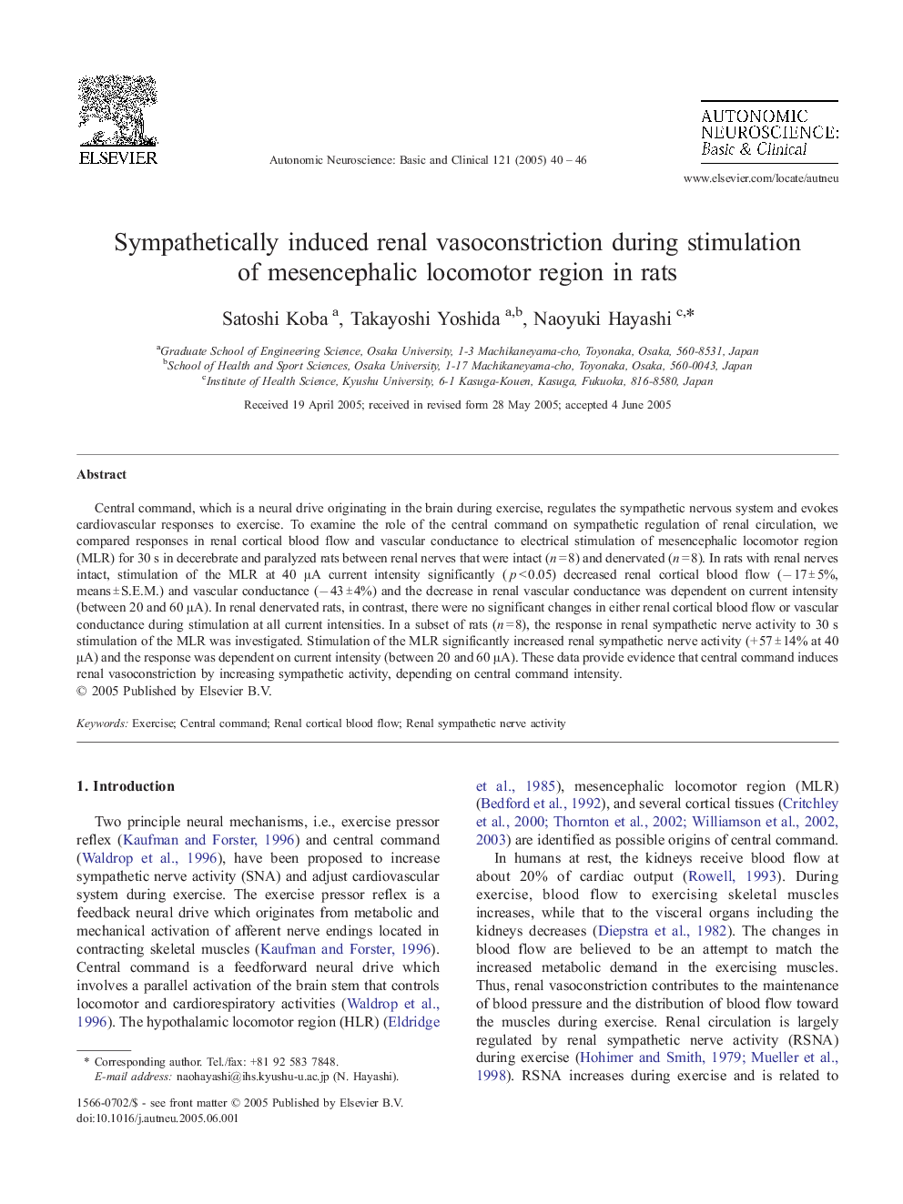 Sympathetically induced renal vasoconstriction during stimulation of mesencephalic locomotor region in rats