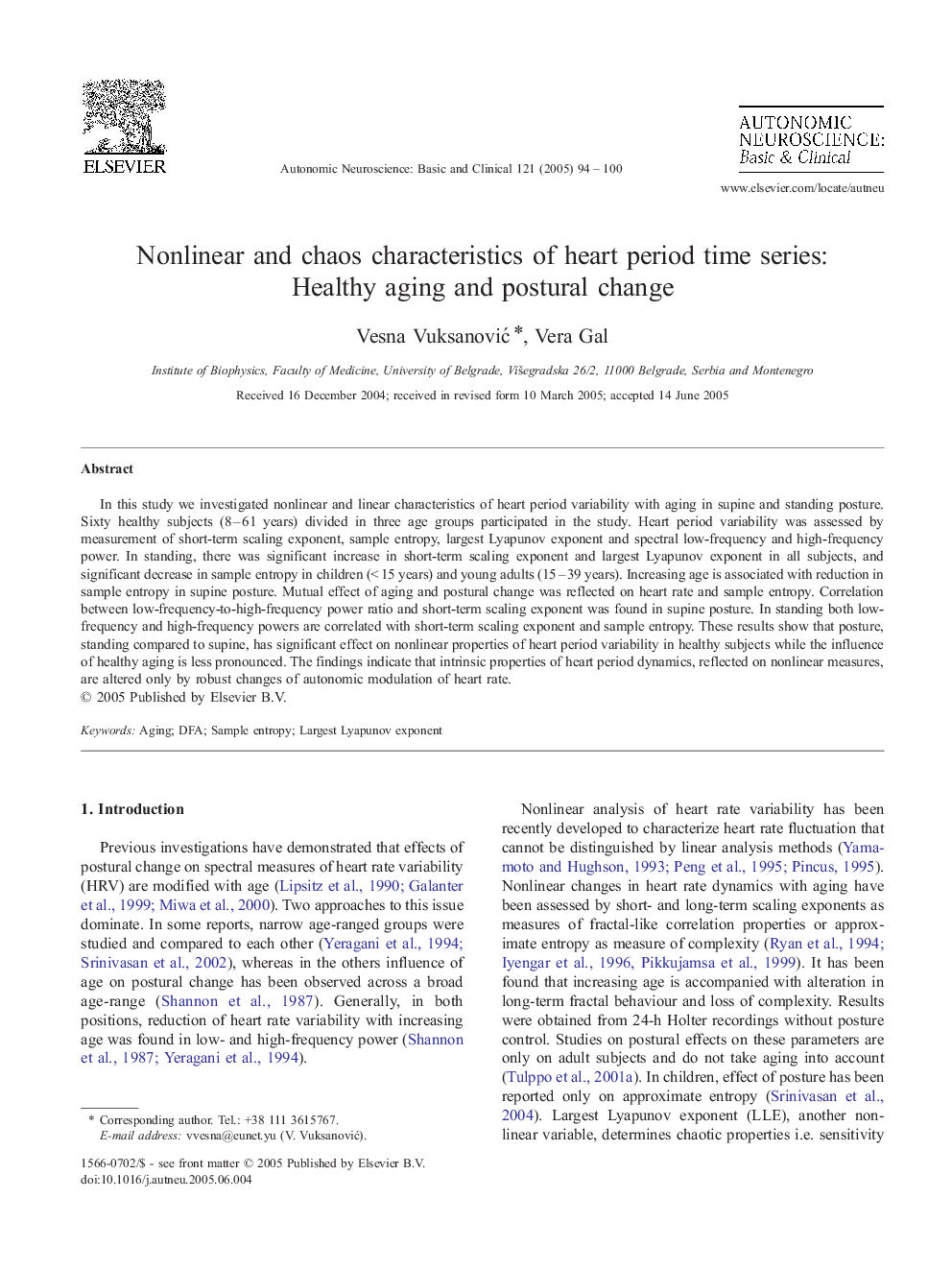 Nonlinear and chaos characteristics of heart period time series: Healthy aging and postural change