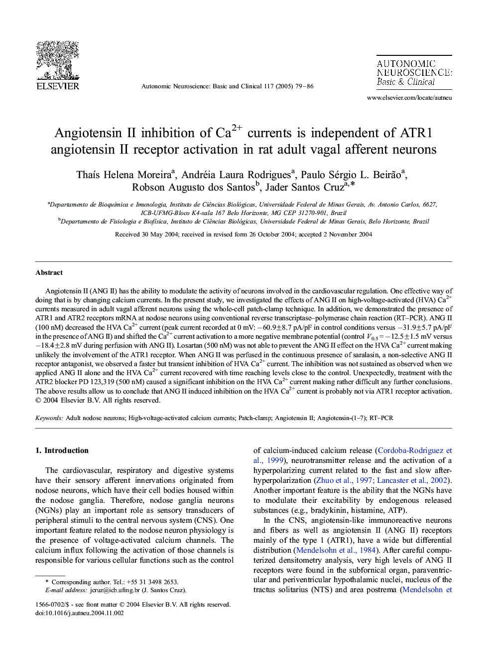 Angiotensin II inhibition of Ca2+ currents is independent of ATR1 angiotensin II receptor activation in rat adult vagal afferent neurons