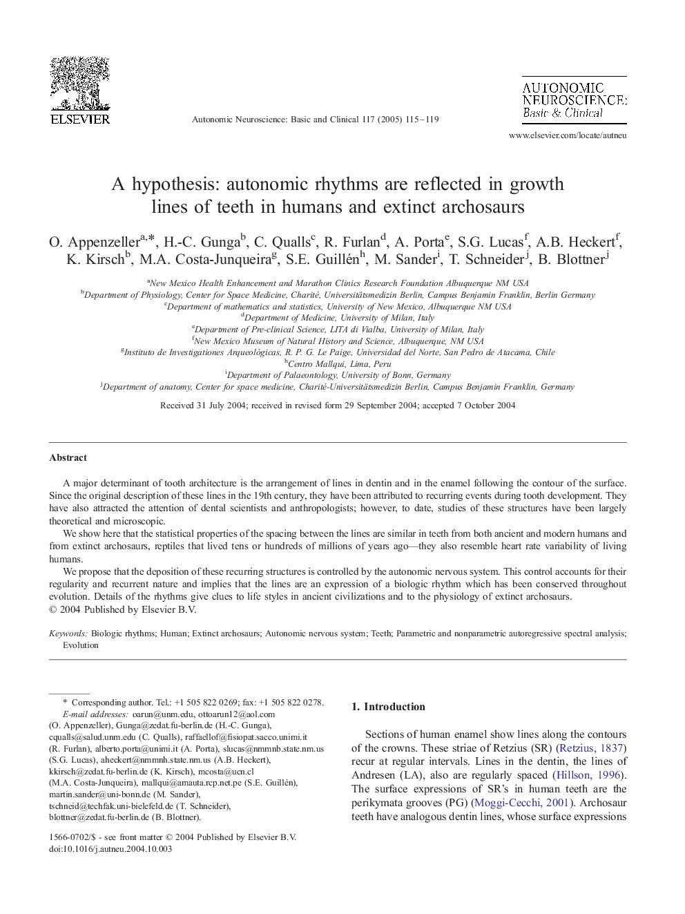 A hypothesis: autonomic rhythms are reflected in growth lines of teeth in humans and extinct archosaurs