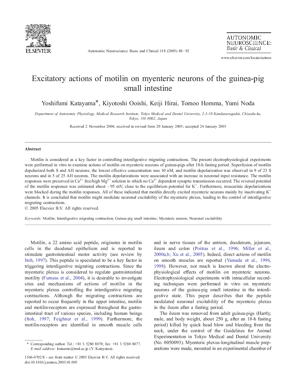 Excitatory actions of motilin on myenteric neurons of the guinea-pig small intestine