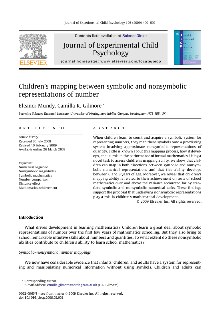 Children’s mapping between symbolic and nonsymbolic representations of number