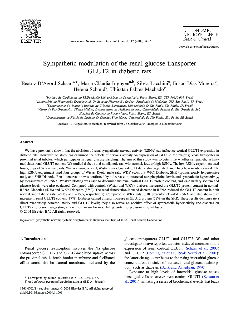 Sympathetic modulation of the renal glucose transporter GLUT2 in diabetic rats