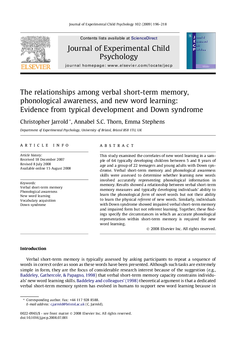 The relationships among verbal short-term memory, phonological awareness, and new word learning: Evidence from typical development and Down syndrome