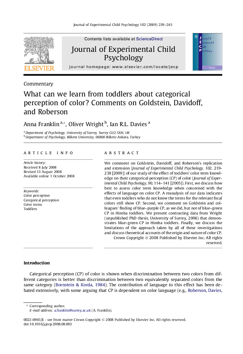 What can we learn from toddlers about categorical perception of color? Comments on Goldstein, Davidoff, and Roberson