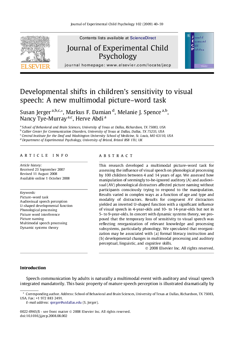 Developmental shifts in children’s sensitivity to visual speech: A new multimodal picture–word task