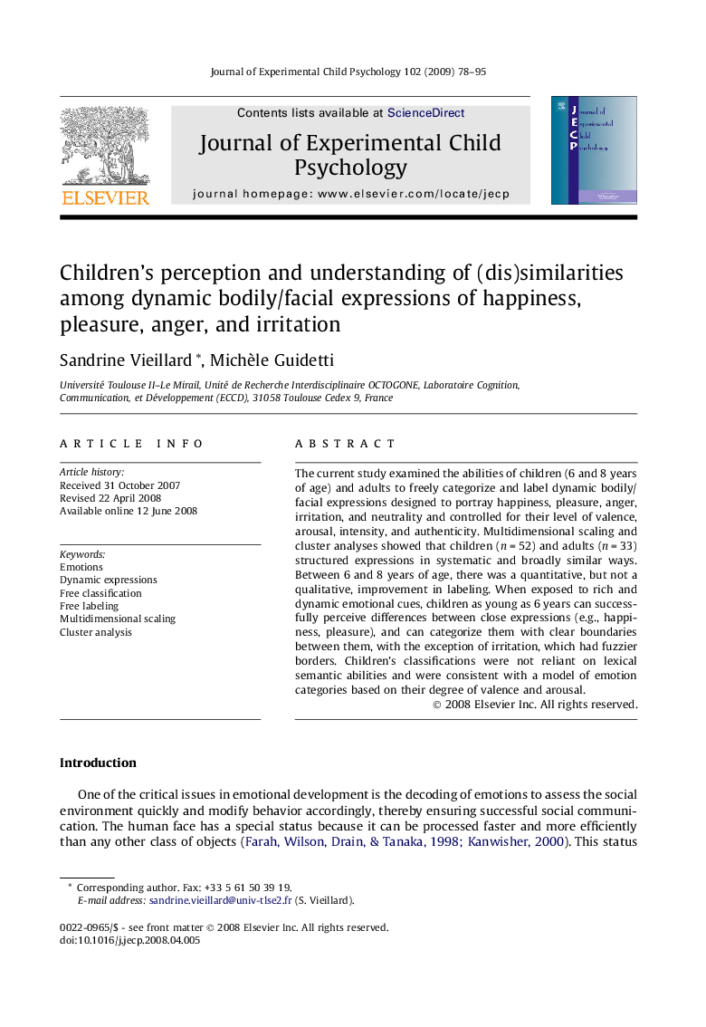 Children’s perception and understanding of (dis)similarities among dynamic bodily/facial expressions of happiness, pleasure, anger, and irritation