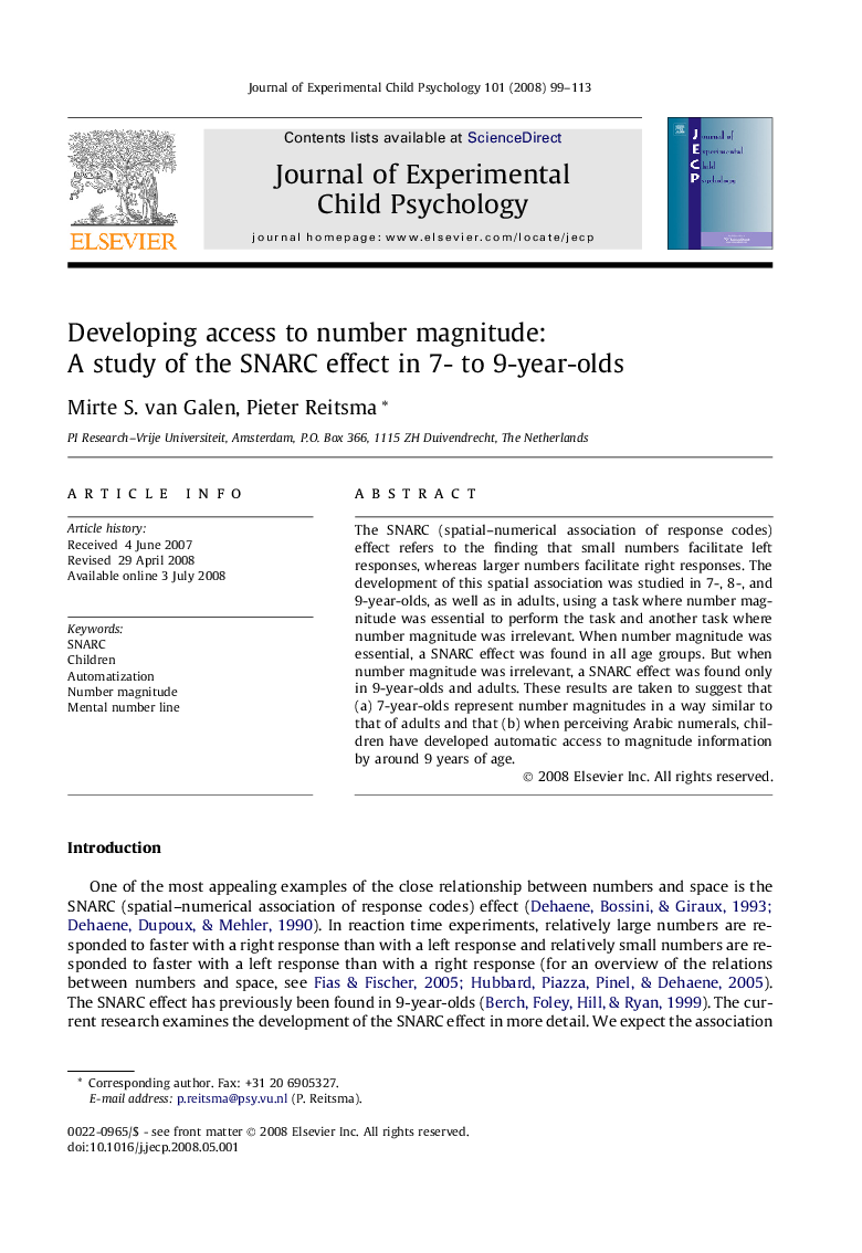 Developing access to number magnitude: A study of the SNARC effect in 7- to 9-year-olds