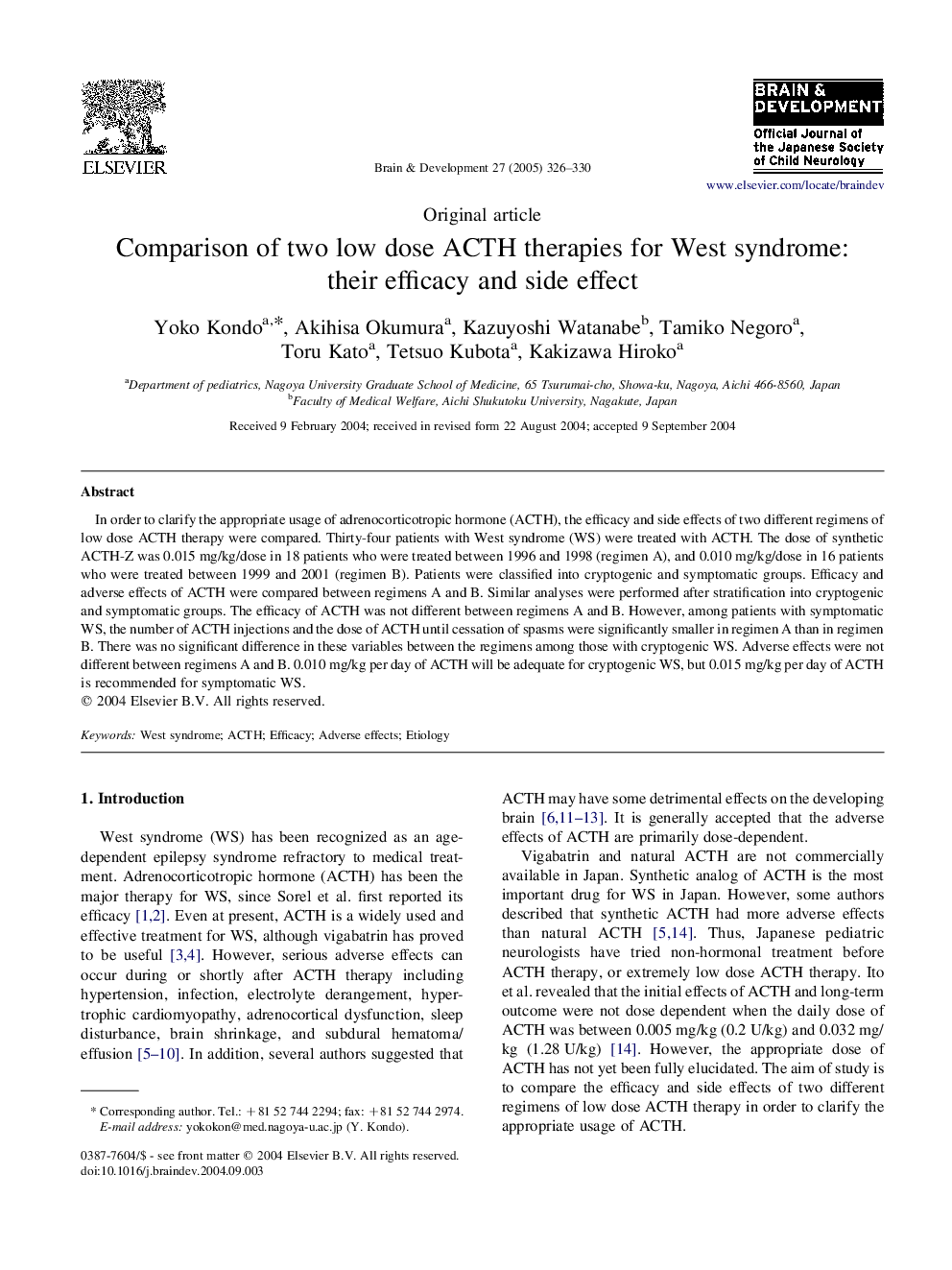 Comparison of two low dose ACTH therapies for West syndrome: their efficacy and side effect