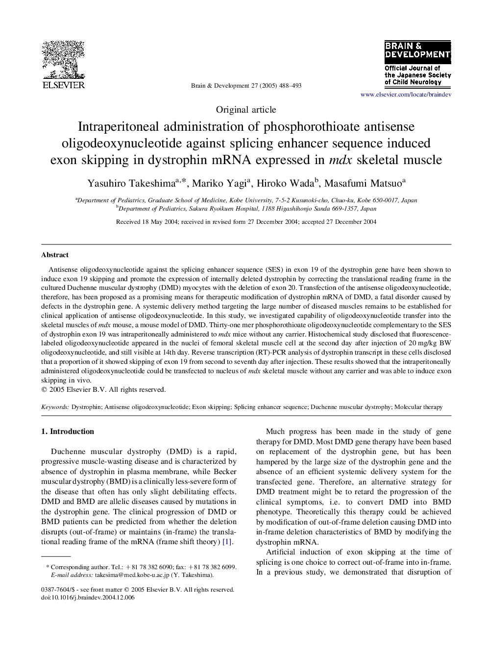 Intraperitoneal administration of phosphorothioate antisense oligodeoxynucleotide against splicing enhancer sequence induced exon skipping in dystrophin mRNA expressed in mdx skeletal muscle